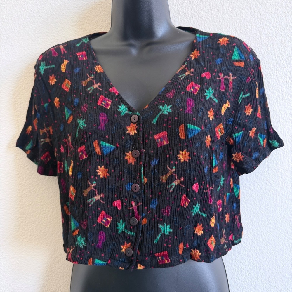 Vintage Putumayo Black Rayon Crinkle Tropical Novelty Print Crop Top Small